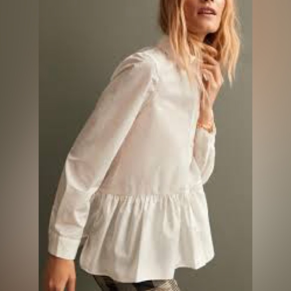 Anthropologie White Long-Sleeve Bow Back Tunic Blouse